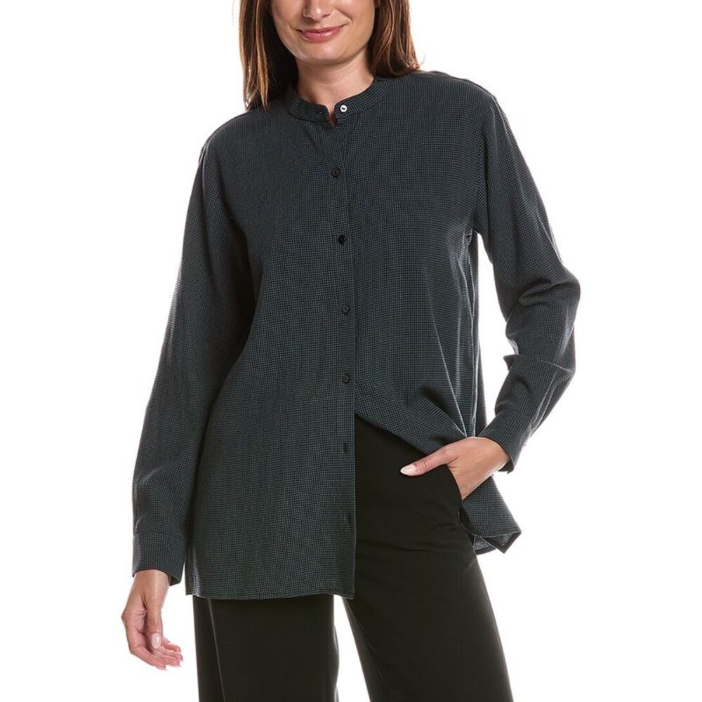 Eileen Fisher Womens Mandarin Collar Shirt, Blue